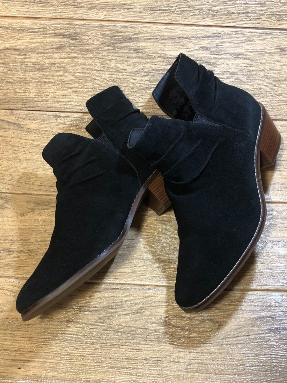 Cole Haan women black faux leather slip on heeled booties, heel 2", 9.5